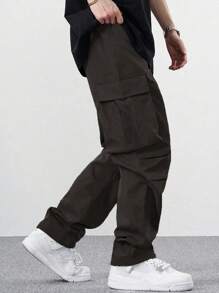 Men's Fashion Multi-Pocket Decorated Straight Leg Loose Baggy Cargo Pants, Loose Fit Parachute Jogger Pants, Street Style - Coffee Brown - View 4