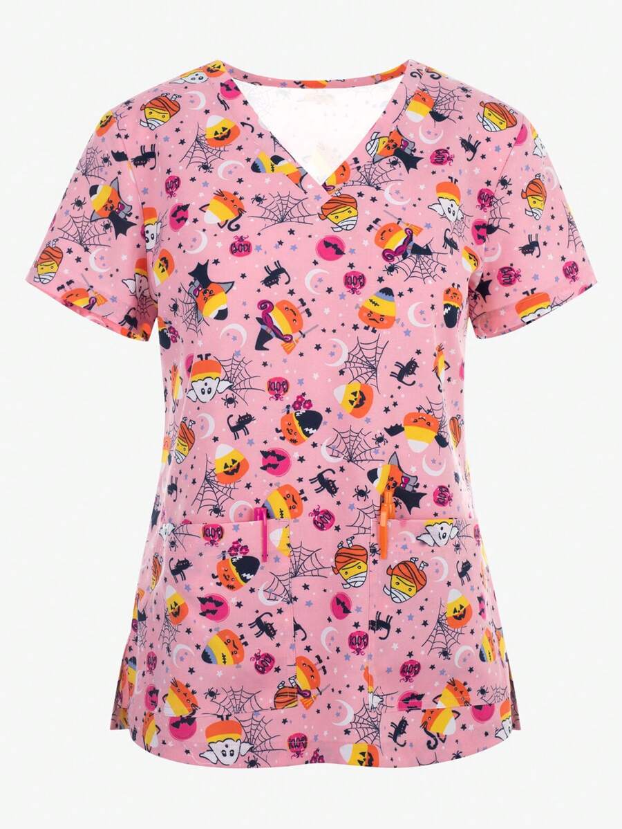 女士数码印花弹性护理服，带口袋的手术服，透气洗手服 - 粉色 - 查看 1