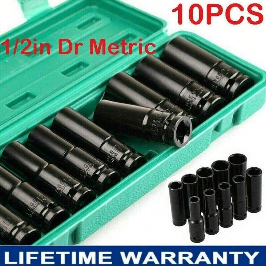 10x Deep Impact Socket Set 1/2" Drive Long Reach Thin Wall Metric Socket 10-24mm - Black - View 1
