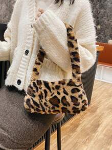 1pc Autumn/Winter New Plush Leopard Print Tote Bag, With Interior Storage Space, Zipper Closure, Top Handle Design, Suitable For Outfits, Storage, And Outdoor Shopping. Also Available In Tiger Print And Cheetah Print Designs. - Brown - View 7