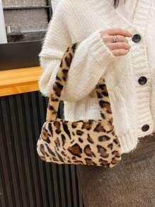 1pc Autumn/Winter New Plush Leopard Print Tote Bag, With Interior Storage Space, Zipper Closure, Top Handle Design, Suitable For Outfits, Storage, And Outdoor Shopping. Also Available In Tiger Print And Cheetah Print Designs. - Brown - View 3