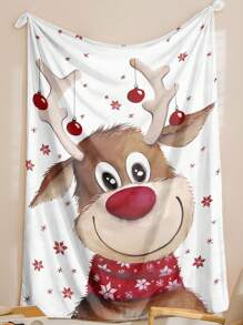 1pc Christmas Cartoon Reindeer Pattern Printed Flannel Blanket, Home Room Decor, Picnic Travel, Fluffy Throw Blanket, Gift For Family Friends, Autumn/Winter