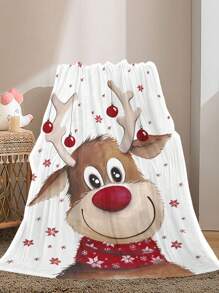 1pc Christmas Cartoon Reindeer Pattern Printed Flannel Blanket, Home Room Decor, Picnic Travel, Fluffy Throw Blanket, Gift For Family Friends, Autumn/Winter