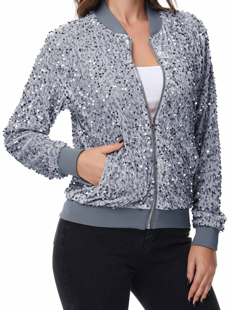 Women's Sparkly Sequin Jacket Zipper Long Sleeve Glitter Sequin Bomber ...