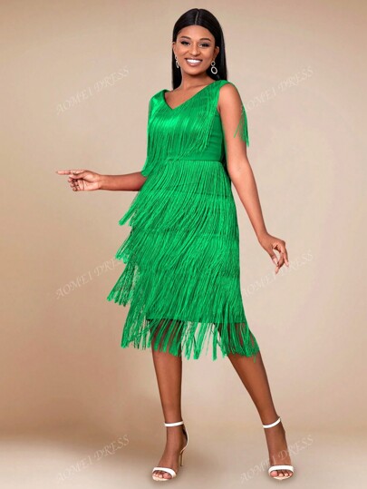 Women's V-Neck Sleeveless Sexy Fringed MIDI Graduation Dress, For