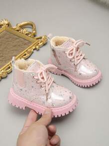 1 双新款冬季儿童鞋，防滑 PVC 软底加厚羊毛，适合婴儿、女童、公主大鞋，带羊毛、靴子 - 粉色 - 查看 8