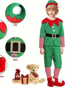 5 件套男孩圣诞服装，圣诞老人助手万圣节服装包括帽子、上衣、裤子、腰带和鞋套，适合女孩和男孩服装派对舞会 - 彩色 - 查看 2
