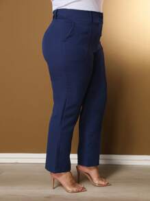 Plus Size Casual Pants With Two Modern Buttons And Practical Pockets - Màu xanh hải quân - Xem 3