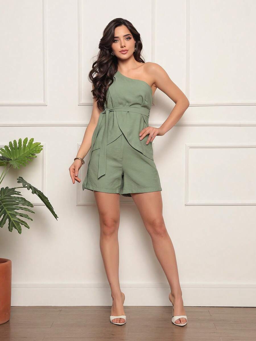 Women's Set In Marante Fabric With Asymmetrical One-Shoulder Neckline And Shorts 2025 - màu xanh lá - Xem 1