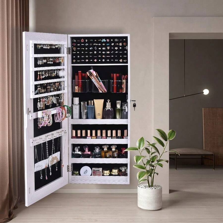 New Wall/Door Mounted Full Mirrored Jewelry Holder Organizer Cabinet Armoire US - 1 - Xem 1
