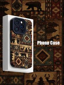 西部苹果圣诞手机壳 1 件复古驼鹿与熊图腾垂直条纹仿皮防摔软保护手机壳兼容 15/15Plus/15Pro/15ProMax 防水防震防刮 - 彩色 - 查看 1