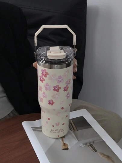 1 件 900 毫升/33.44 盎司樱花系列保温杯，真空保温杯，大容量旅行杯，带手柄和吸管，双饮水盖，适用于健身房和户外运动、学校、节日礼物