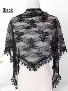 1 件女士纯色刺绣镂空蕾丝流苏三角围巾，时尚简约防晒头巾，优雅装饰披肩情人节