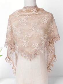 1 件女士纯色刺绣镂空蕾丝流苏三角围巾，时尚简约防晒头巾，优雅装饰披肩情人节