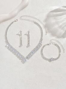 1 套奢华闪亮水钻耳环、项链和手链首饰套装，适合女性日常、婚礼、宴会、派对佩戴（不含盒子） - 首飾套裝 - 查看 2