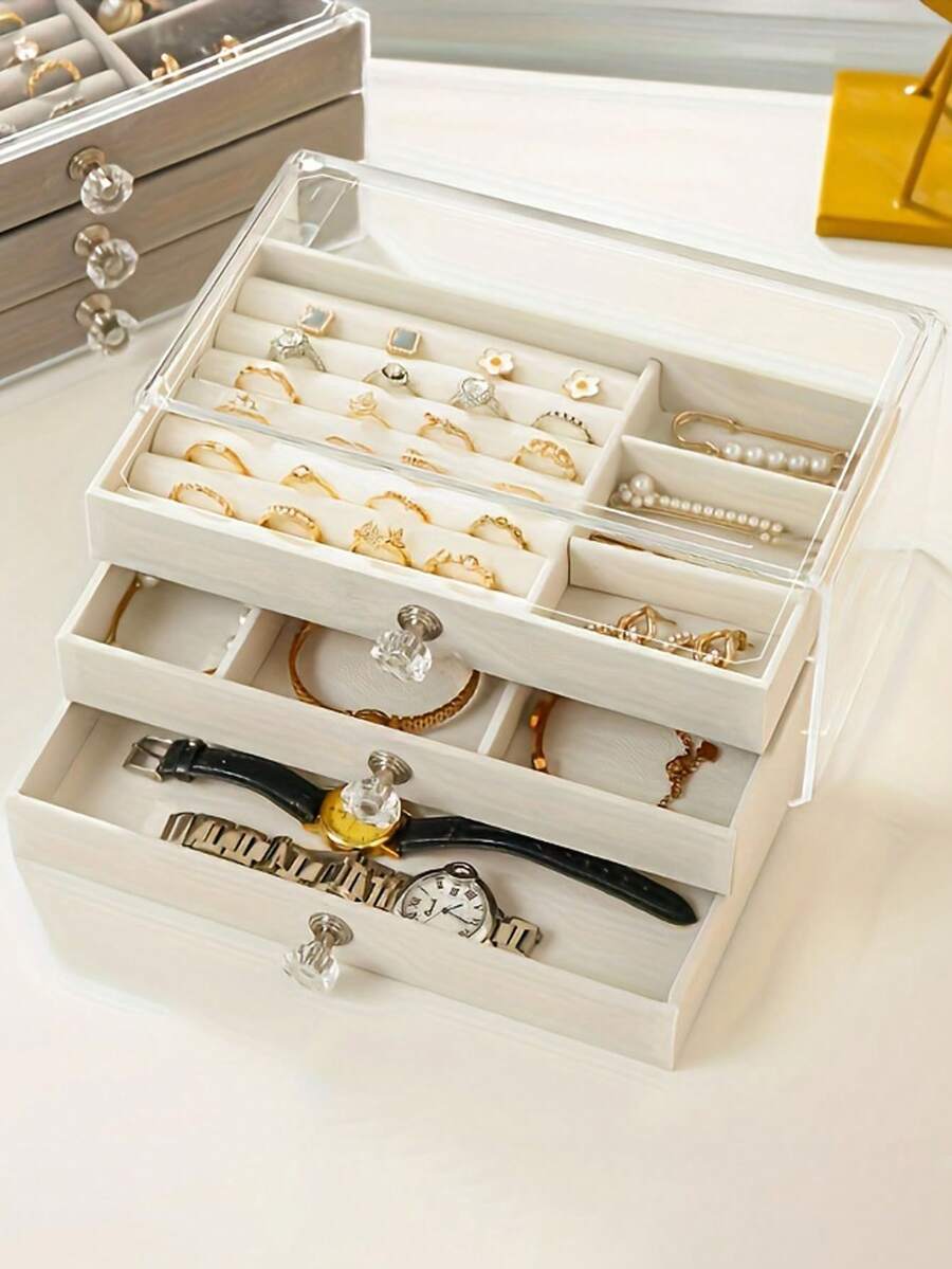 Acrylic Jewelry Storage Box, 3-Drawer Style Jewelry Organizer Box For Earrings, Rings, Necklaces, Bracelets, Pendant Display And Management, Bathroom & Desktop Drawer Organizer