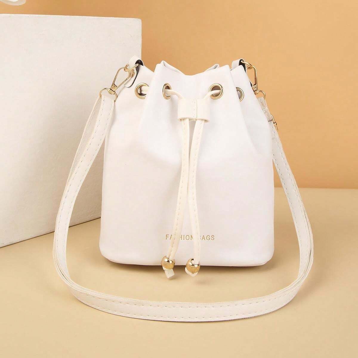 1pc White Drawstring Closure Bucket Bag For Women, Fashion Casual Chic