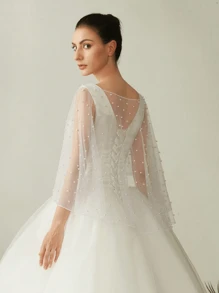 1pc Women Short Bridal Pearl Shawl, Simple High Low Mesh Cape Wrap Pullover Style Fall Clothes For Women