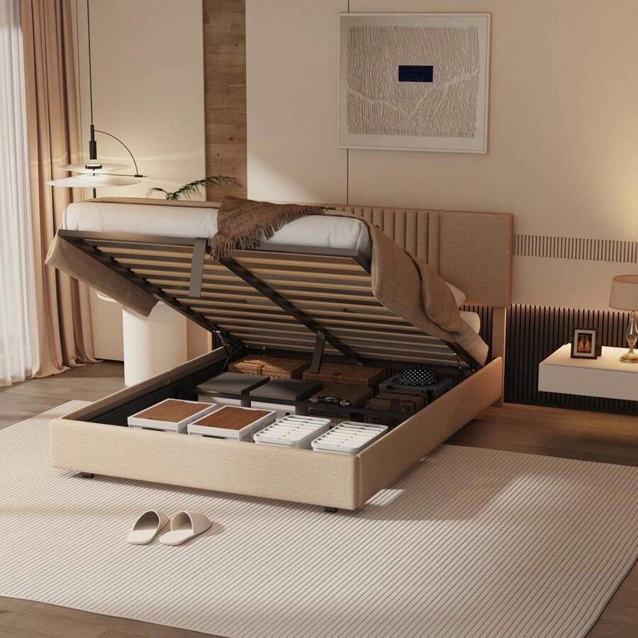 Queen Bed Frame, Lift Up Storage Bed Frame With Upholstered Headboard