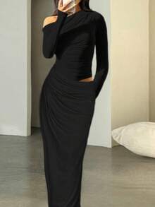 WOWDARK 女士冬季连衣裙，黑色时尚斜肩镂空褶皱极简主义派对连衣裙，适合情人节、约会、聚会、派对、旅行、度假、海滩等场合。