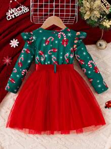 Vestido de Malha com Bainha Bufante Estampa de Menino de Neve e Floco de Neve do Natal para Meninas, com Cinto - Verde Escuro - Visão 2