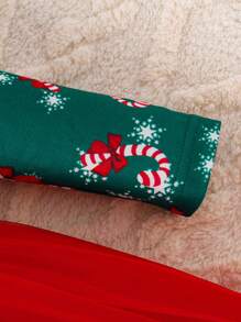 Vestido de Malha com Bainha Bufante Estampa de Menino de Neve e Floco de Neve do Natal para Meninas, com Cinto - Verde Escuro - Visão 6