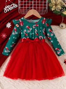 Vestido de Malha com Bainha Bufante Estampa de Menino de Neve e Floco de Neve do Natal para Meninas, com Cinto - Verde Escuro - Visão 1