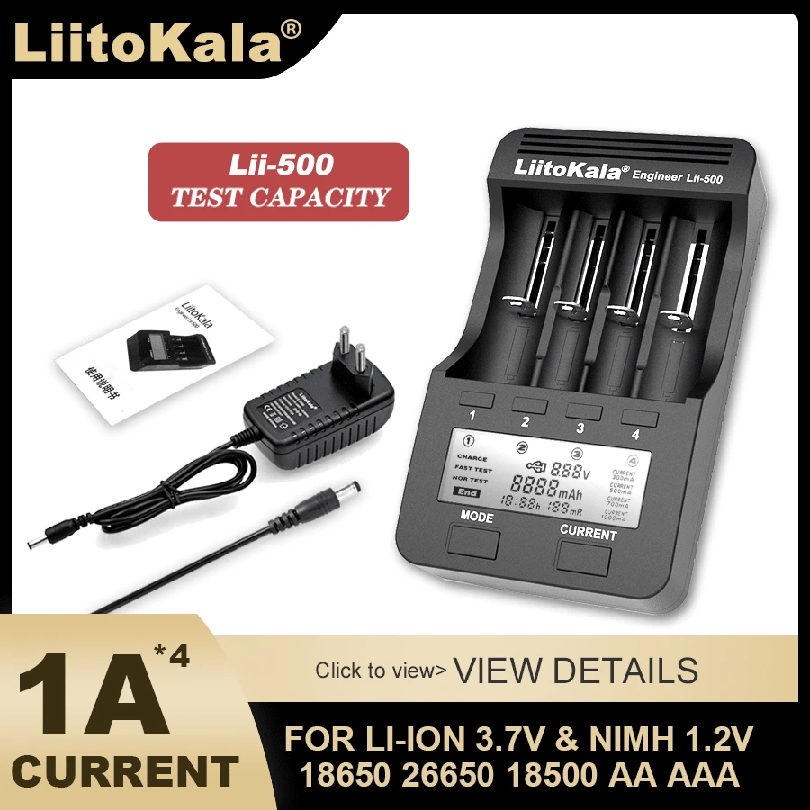 Liitokala Lii-500液晶可检测电池容量3.7V 18650 18350 17500 16340 18500 14500 26650锂电池1.2V AA AAA镍氢电池充电器 - 黑色 - 查看 1