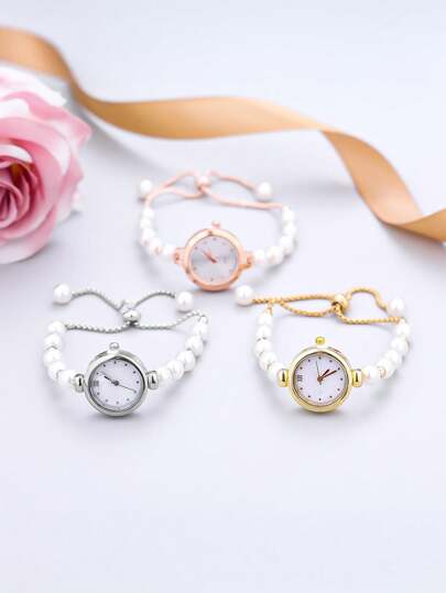 1 件女士优雅可爱仿珍珠串珠金属链带石英手表，派对配饰