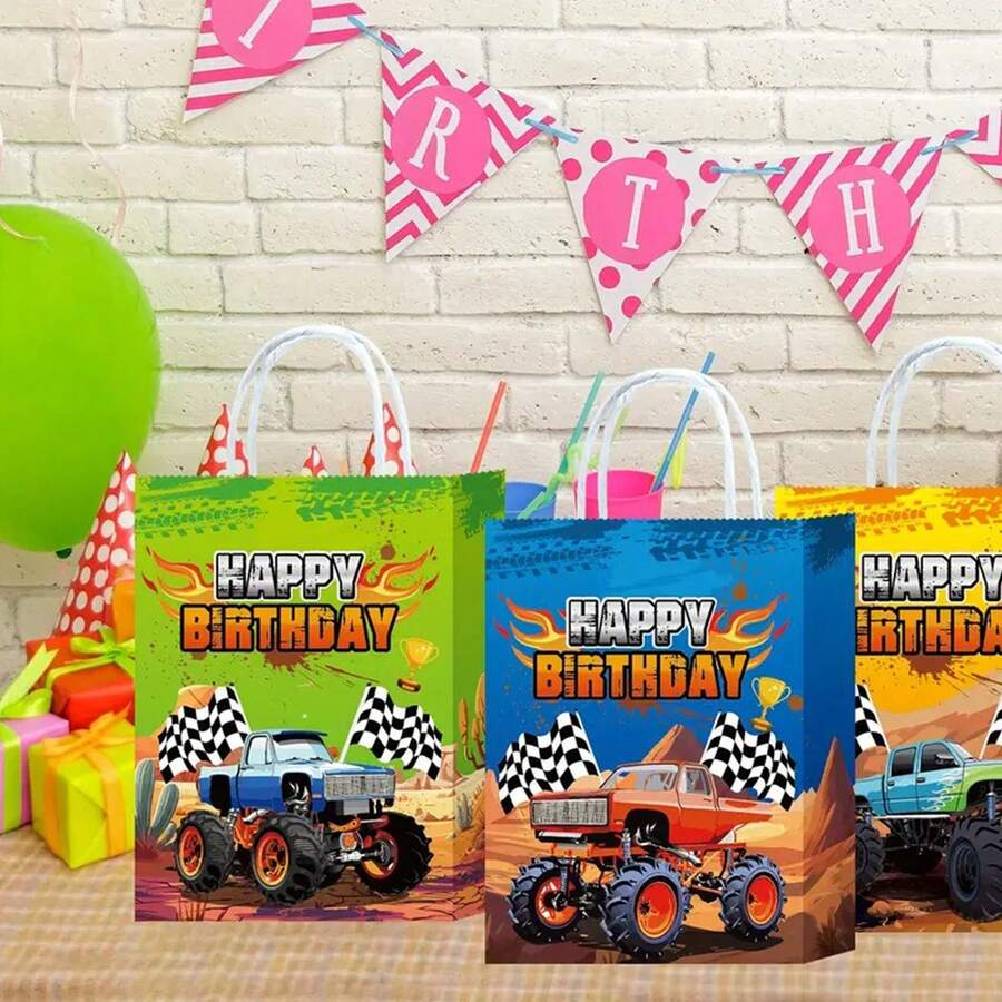 15Pcs Monster & Racing Theme Gift Bags Durable Paper Party Gift Bags
