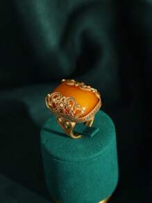 1 Stück verstellbarer Kupferring im Retro-Stil, 18k vergoldet, Luxus-Accessoire mit Vintage-Gefühl, Naturstein- und Perlen-Dekor, passend für Frauen, Hochzeits-/Jahrestags-Geschenk
