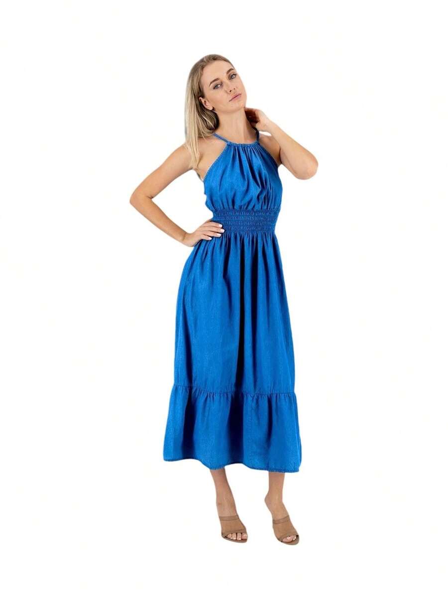 Vestido de Mezclilla con Tirantes.  Ajustable en Cintura - Azul - Ver 1