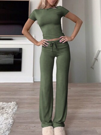 GAOVOT 女装两件套秋季Y2K运动服休闲日常纯色短袖圆领T恤修身直筒长裤套装