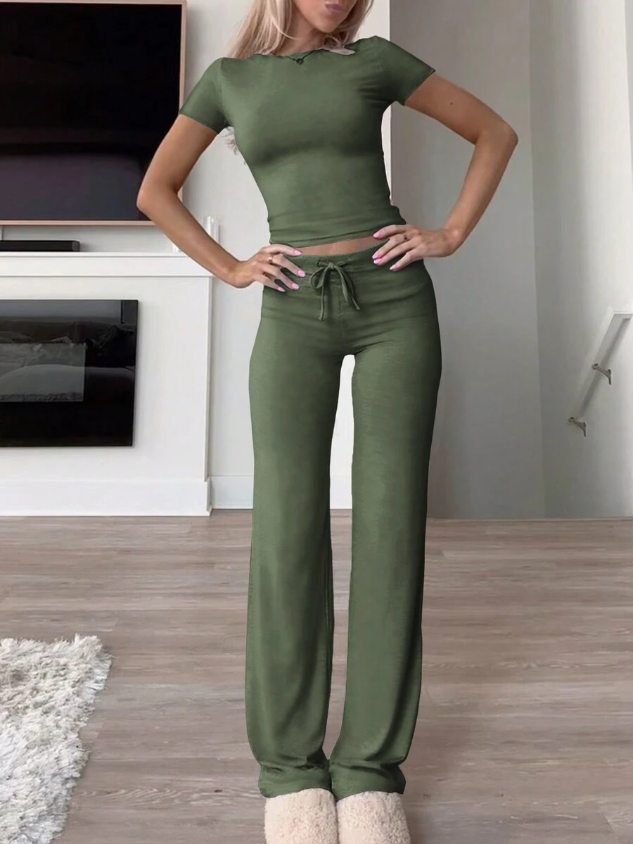 GAOVOT Women's Y2K Style Summer Sports Casual Set, Including Solid Color Crew Neck Short Sleeve T-Shirt And Slim Straight Leg Pants - Army Green - View 1