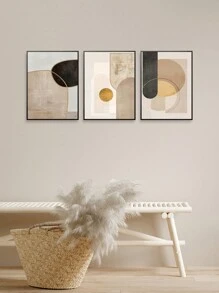 3 Piezas Pintura decorativa de pared moderna de geometría dorada, arte abstracto en lienzo con líneas geométricas doradas y negras, para decoración de dormitorio, sala de estar u oficina, estética
