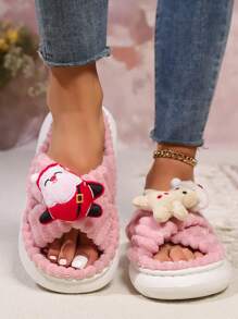 圣诞节新款交叉带毛绒秋冬拖鞋 DIY 圣诞老人姜饼人娃娃家居拖鞋亚麻底舒适室内拖鞋，圣诞礼物和派对拖鞋，大码女士