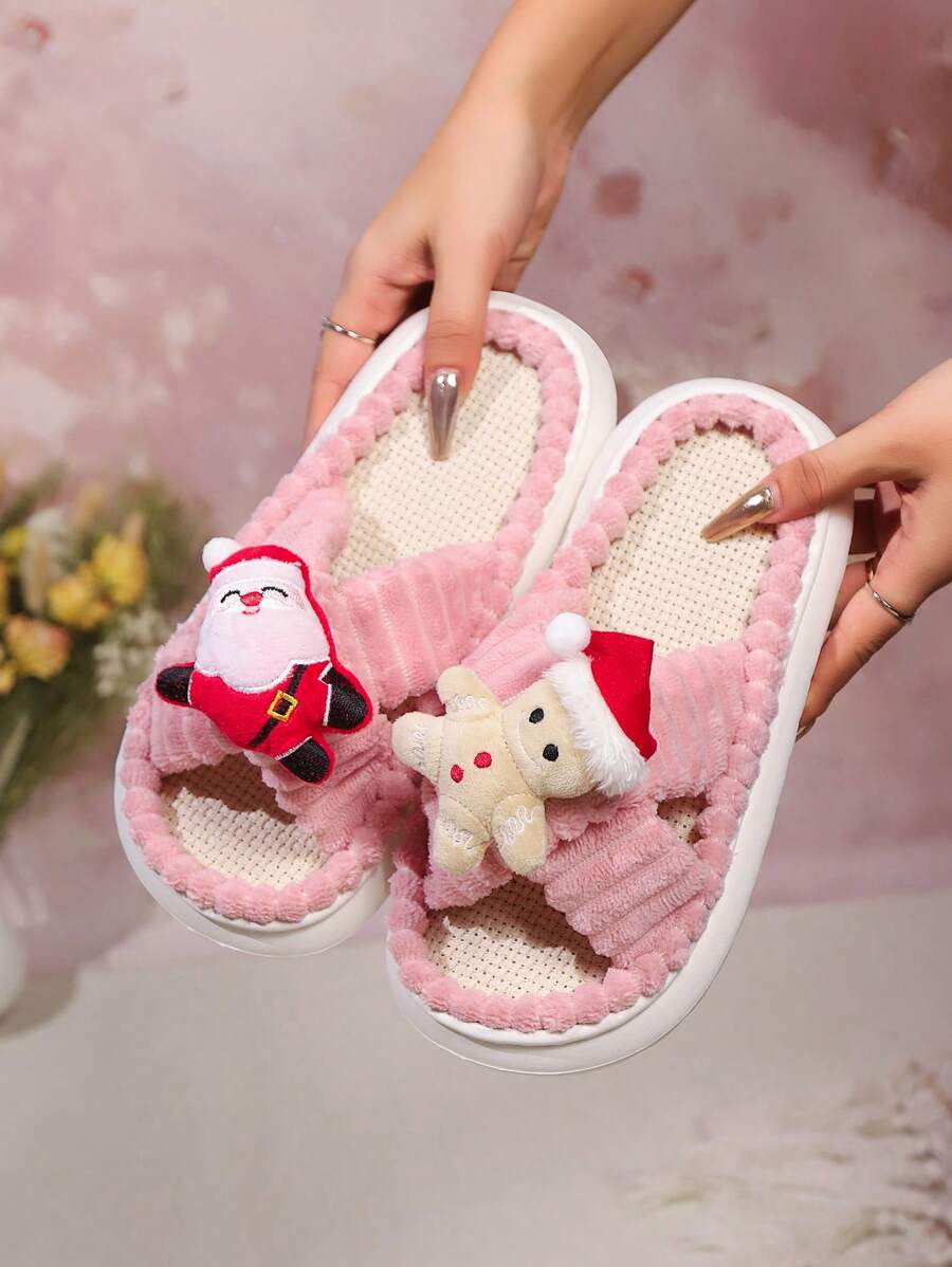 圣诞节新款交叉带毛绒秋冬拖鞋 DIY 圣诞老人姜饼人娃娃家居拖鞋亚麻底舒适室内拖鞋，圣诞礼物和派对拖鞋，大码女士