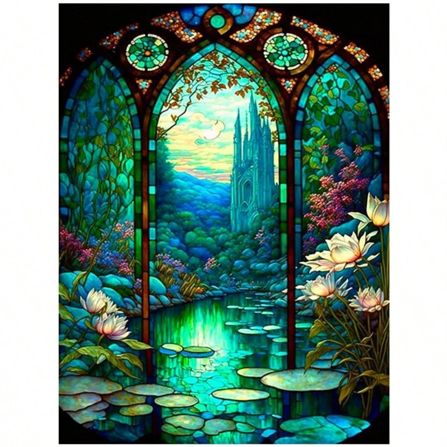 Stained Glass Style Lotus Flower Diamond Art Painting Fantasy Pond And