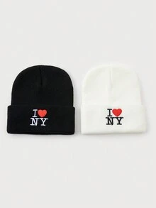 1 件或 2 件女士时尚刺绣字母“I LOVE NY”针织帽，保暖帽，适合秋冬日常装 - A - 查看 1