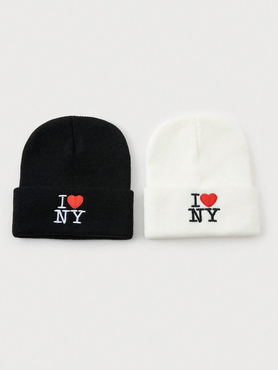 1 件或 2 件女士时尚刺绣字母“I LOVE NY”针织帽，保暖帽，适合秋冬日常装 - A - 查看 1