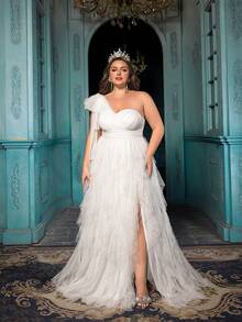 QOQ Đầm dạ hội mùa hè thanh lịch thời trang cho phụ nữ ngoại cỡ cho tiệc tối, sự kiện trang trọng, tiệc cocktail, tiệc sinh nhật, tiệc Galas màu trơn xẻ tà cổ không đối xứng - trắng - Xem 5