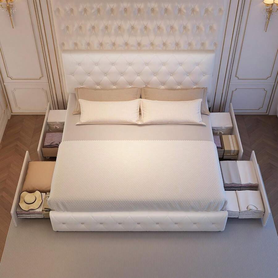 Queen Bed Frame With 4 Drawers, Adjustable Upholstered Headboard