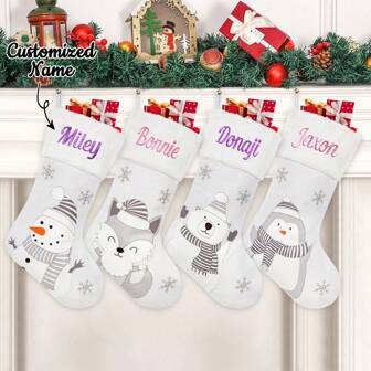 1 pieza Calcetín navideño personalizado, calcetín grande blanco personalizado con nombre bordado, calcetín navideño con diseño lindo, para decoración de fiestas familiares y de la chimenea