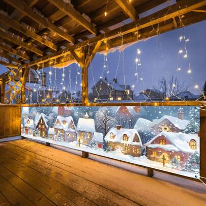 1pc (45*200CM/17*78inch) Polyester Material Winter Christmas Eve Yard Decoration Banner, Healing Style Cozy Town Background, Farmhouse, Yard Decor, Room Hanging Flag, No Electricity Needed - Great For Home And Outdoor Holiday Party Decoration