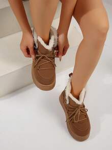 2024 秋冬新款厚底雪地靴女毛绒拖鞋户外时尚保暖冬季鞋 - 卡其色 - 查看 3