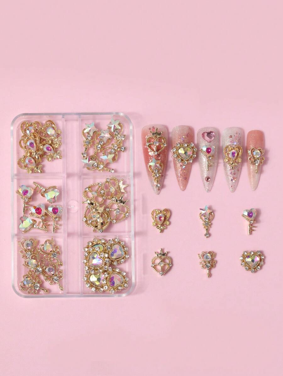 1box Cute And Sweet Pink Butterfly Heart Rhinestones Nail Jewelry Sets - Nail Art Jewelry Sets And Nail Technique Supplies That Nail Artists Must Have For Women And Girls Diy Glamorous Nail Art Decorations, Explore The Charm Of Nails