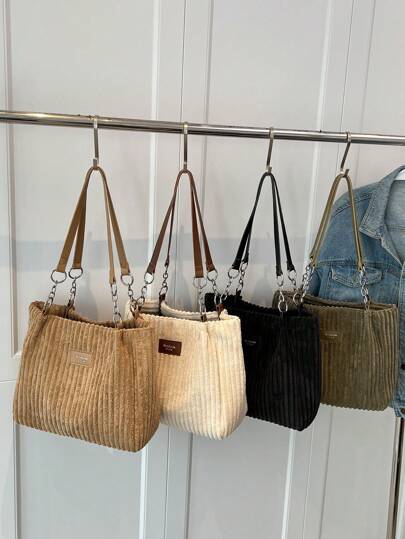 Chic Corduroy Tote Bag For Women - Spacious & Stylish With Fixed Shoulder Strap, Zip Closure, And Polyester Lining - Available In Army Green, Khaki, Cream, Black