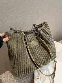 女士时尚灯芯绒手提包 - 宽敞时尚，配有固定肩带、拉链开合和涤纶衬里 - 有军绿色、卡其色、奶油色、黑色可供选择 - 彩色 - 查看 6