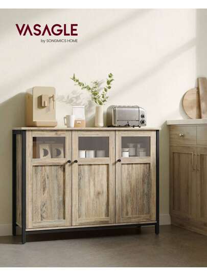 VASAGLE Aramrio de Almacenamiento, Aparador con Puertas de Cristal, para Comedor, Salón, Cocina, Estilo Industrial, Marrón Turquesa y Negro Tinta