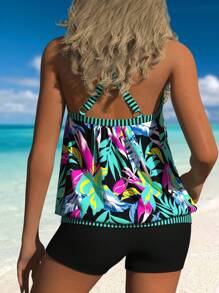 2 Piece Tropical Striped Print Tankini Set - Women's Swimwear & Clothing With Criss Cross High Stretchy Comfy Design, Contrast Band And High-Quality Fabric For Beach And Pool Activities - màu xanh lá - Xem 2